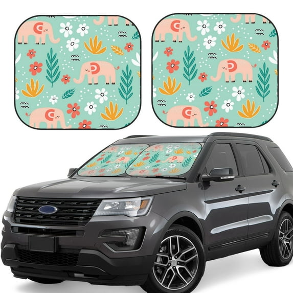 Fotbe Elephant and Flowers 2-Piece Car Windshield Sun Shade | Sun Blocker for Car Windshield | Foldable Automotive Interior Accessories for Sun Protection-Small