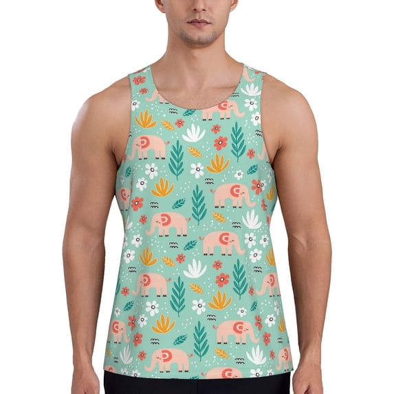 Fotbe Elephant and Flowers Pattern Men's Quick Dry Workout Tank Top Gym Muscle Tee Fitness Bodybuilding Sleeveless T Shirt Breathable Workout Shirt-Medium