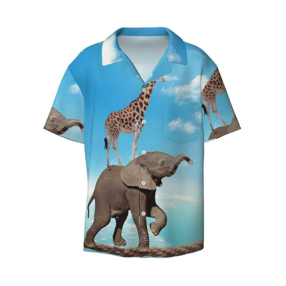 Fotbe Elephant Giraffe print Short Sleeve Button Down Shirts for Men Casual Summer Beach Wrinkle Free Shirt-4X-Large