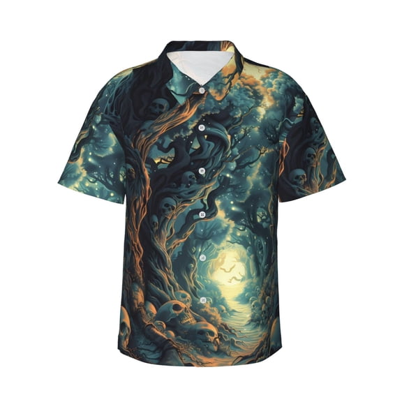 Fotbe Enchanted Forest Skull Path Hawaiian Shirt for Men Unisex Summer Beach Casual Short Sleeve Cotton Linen Button Down Shirts-3X-Large