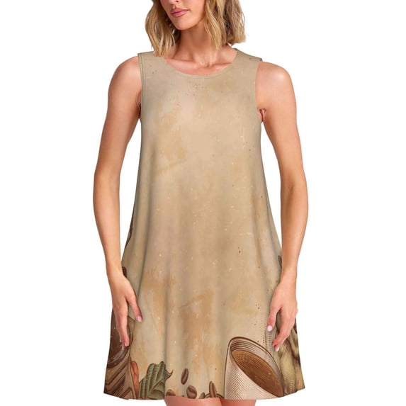 Fotbe Engraved Coffee On Kraft Paper Pattern Women’s Summer Tank Midi Dress – Sleeveless A-Line Dress, Floral T-Shirt Dress, Casual Flowing Beach Sundress