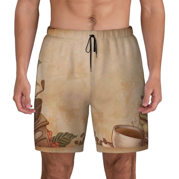 Fotbe Engraved Coffee On Kraft Paper Men’s Swim Trunks Quick Dry Swim Shorts Board Shorts with Mesh Lining-Medium