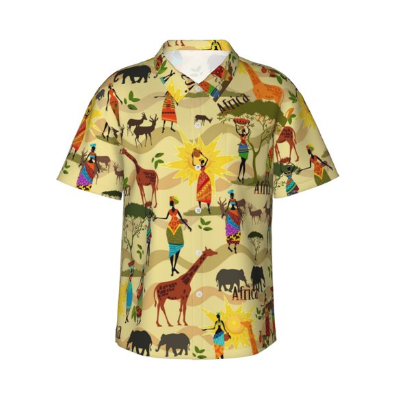 Fotbe Ethnic African Hawaiian Shirt for Men Unisex Summer Beach Casual Short Sleeve Cotton Linen Button Down Shirts-3X-Large