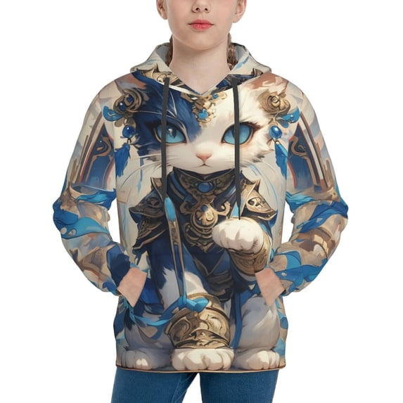 Fotbe Exotic Blue Cat Pattern Youth Pullover Hooded Sweatshirt, Boys Hoodie, Kangaroo Pocket Hoodie for Kids Girls -X-Large