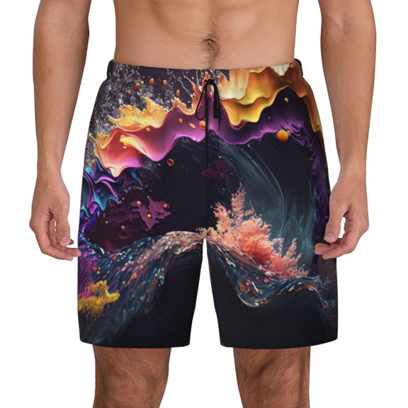 Fotbe Explosive Fluid Splash Art Men’s Swim Trunks Quick Dry Swim Shorts Board Shorts with Mesh Lining-Small