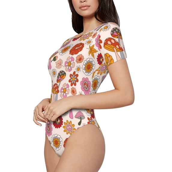 Fotbe Fall 70s Groovy Hippie Women's Crew Neck Short Sleeves Bodysuit Tops Round Neck Slim Sleeveless Soft Comfortable Basic-Medium