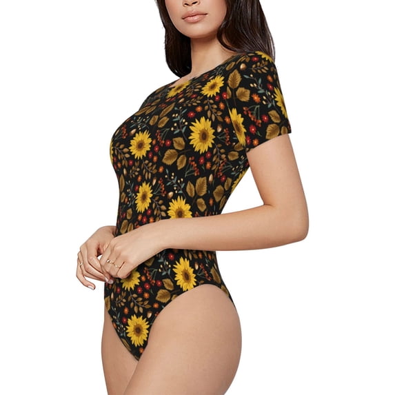 Fotbe Fall Daisy Leaf Women's Crew Neck Short Sleeves Bodysuit Tops Round Neck Slim Sleeveless Soft Comfortable Basic-Medium