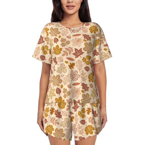 Fotbe Fall Leaves Print Pajama Set for Women 2 Piece Loungewear Short Sleeve Tops and Shorts Set Soft Sleepwear-Large