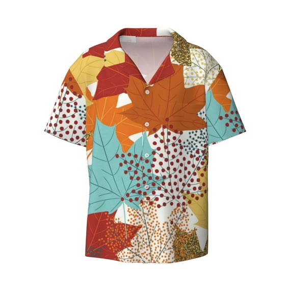 Fotbe Fall Maple Leaves print Short Sleeve Button Down Shirts for Men Casual Summer Beach Wrinkle Free Shirt-4X-Large