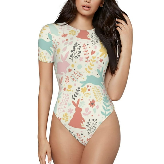 Fotbe Fall Rabbit Women's Crew Neck Short Sleeves Bodysuit Tops Round Neck Slim Sleeveless Soft Comfortable Basic-Large