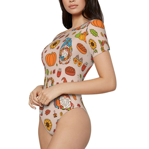 Fotbe Fall Thanksgiving Women's Crew Neck Short Sleeves Bodysuit Tops Round Neck Slim Sleeveless Soft Comfortable Basic-Large