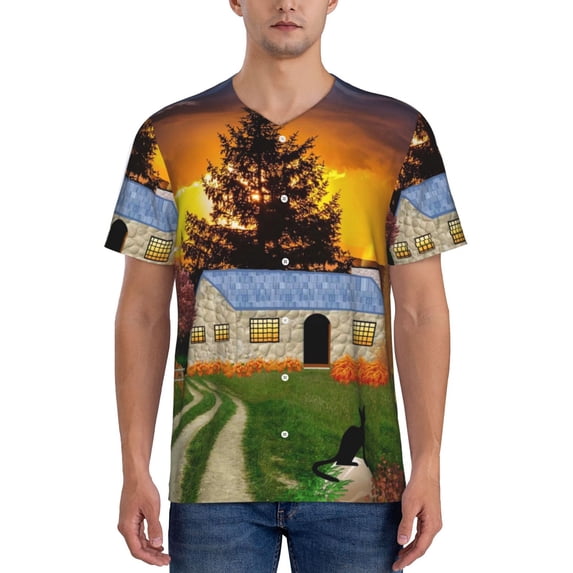 Fotbe Fall Village Scenery Baseball Jersey Shirt for Men and Women, Casual Short Sleeves Button Down T-Shirt-XX-Large