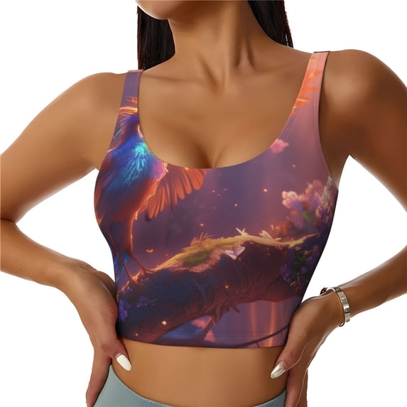 Fotbe Fantasy Bird Illustration Pattern Womens' Sports Bra Longline Wirefree Padded with Medium Support Sports Moisture-Wicking Workou Vest,Tank Top-XX-Large