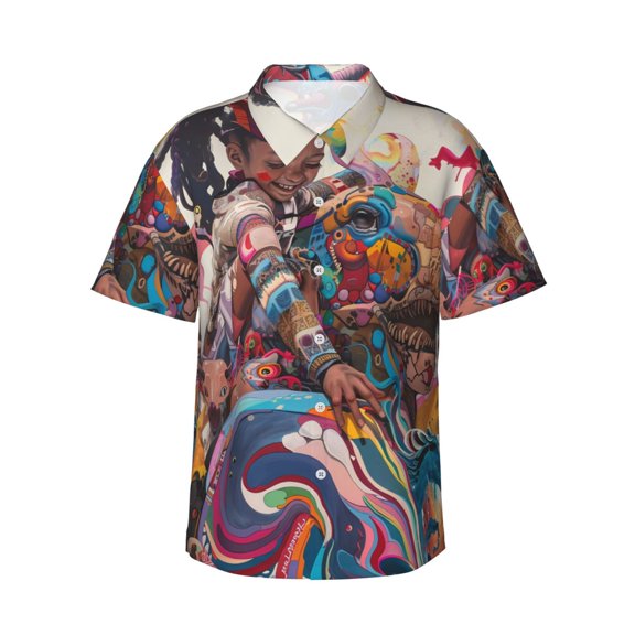 Fotbe Fantasy Colorful Beast Hawaiian Shirt for Men Unisex Summer Beach Casual Short Sleeve Cotton Linen Button Down Shirts-Large