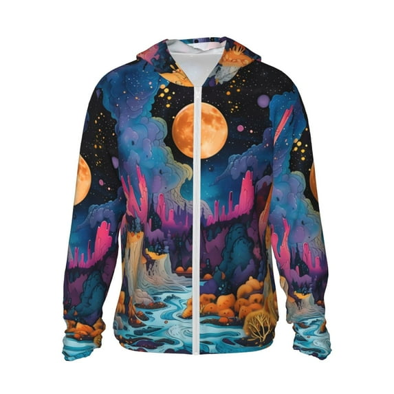 Fotbe Fantasy Cosmic Landscape Men's Women's UPF 50+ Sun Protection Jacket Hooded Cooling Shirt with Pockets Hiking Outdoor Performance-Small