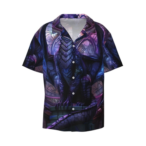 Fotbe Fantasy Dragon In Cathedral print Short Sleeve Button Down Shirts for Men Casual Summer Beach Wrinkle Free Shirt-Large