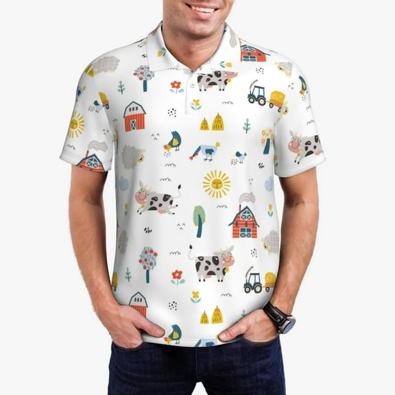 Fotbe Farm Animals Pattern Men’s Golf Polo Shirt – Breathable Performance Golf Shirt with Button-Down Collar-Small