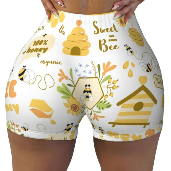 Fotbe Farm Bee Cute Honey Seamless Shorts, Womens Workout Shorts High Waist Stretch Booty Short for Gym/Yoga/Running/Biking-Medium