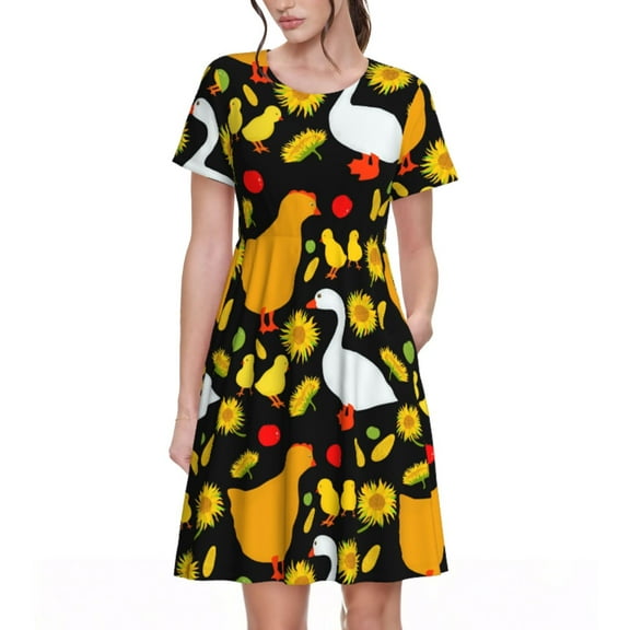 Fotbe Farm Goose Pattern Dress Casual Womens Fashion Short Sleeve Maxi Dress T Shirt Dress Striped Long Color Block Maxi Dress