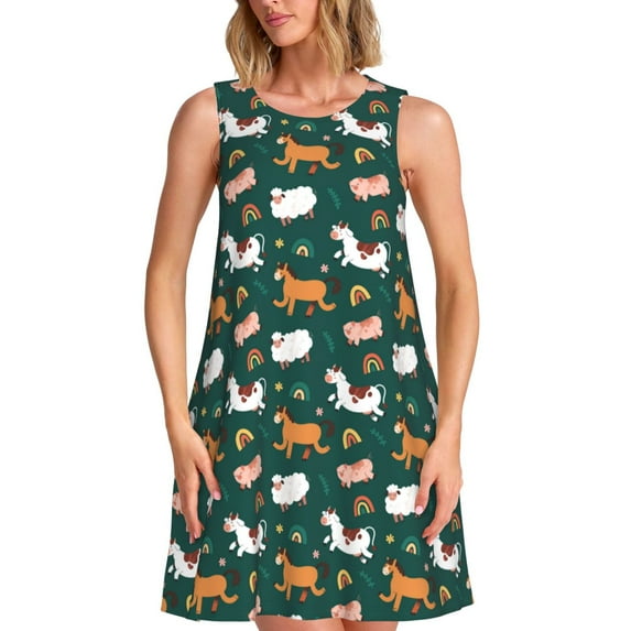 Fotbe Farmhouse Animals Pattern Women’s Summer Tank Midi Dress – Sleeveless A-Line Dress, Floral T-Shirt Dress, Casual Flowing Beach Sundress