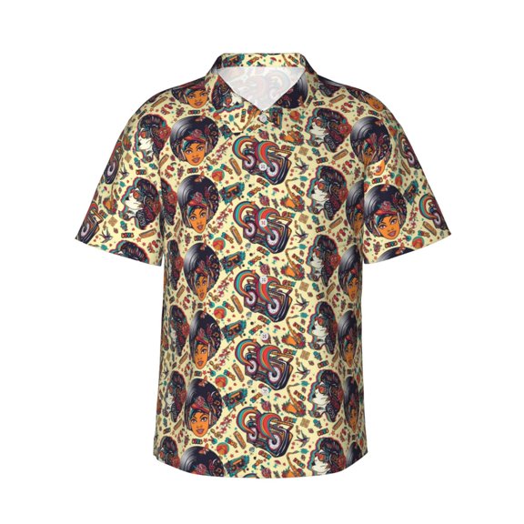 Fotbe Fashion Hippie Girl Hawaiian Shirt for Men Unisex Summer Beach Casual Short Sleeve Cotton Linen Button Down Shirts-Large