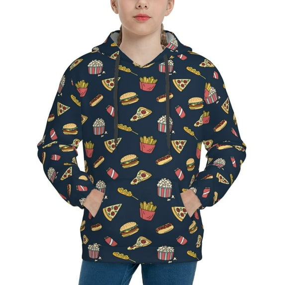 Fotbe Fastfood Pattern Youth Pullover Hooded Sweatshirt, Boys Hoodie, Kangaroo Pocket Hoodie for Kids Girls -Medium