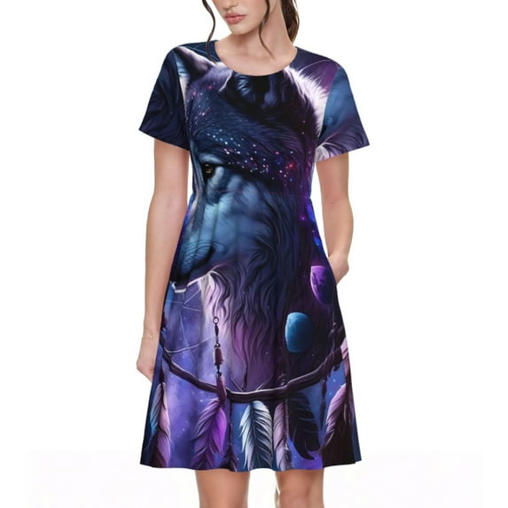 Fotbe Feathered Wolf Pattern Dress Casual Womens Fashion Short Sleeve Maxi Dress T Shirt Dress Striped Long Color Block Maxi Dress