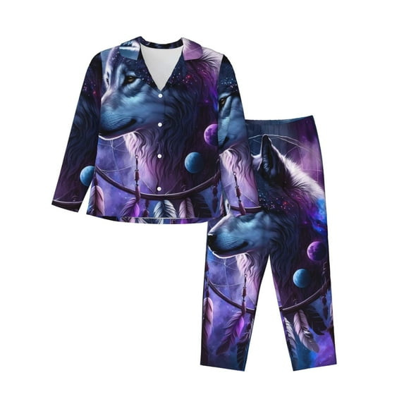 Fotbe Feathered Wolf Pattern Long Sleeve Pajama Set for Women,Sleepwear Set,2-piece Loungewear Set,Soft PJs Comfy Nightwear with Pockets -X-Large