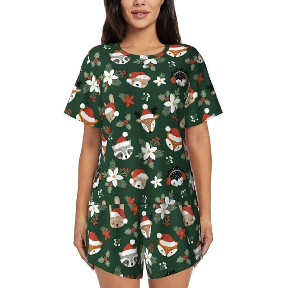 Fotbe Festive Forest Friends Print Pajama Set for Women 2 Piece Loungewear Short Sleeve Tops and Shorts Set Soft Sleepwear-3X-Large
