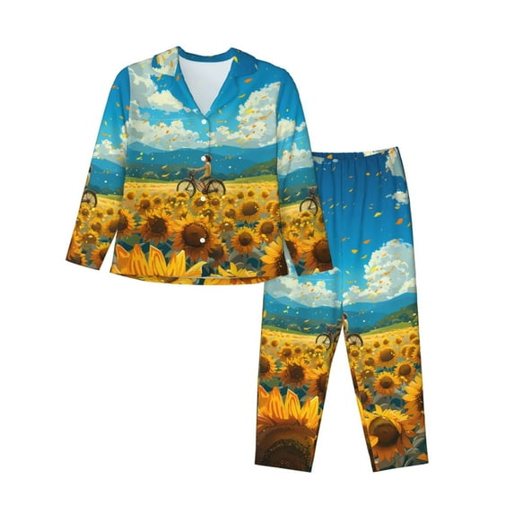 Fotbe Field Bicycle Young Sunflower Pattern Long Sleeve Pajama Set for Women,Sleepwear Set,2-piece Loungewear Set,Soft PJs Comfy Nightwear with Pockets -Medium