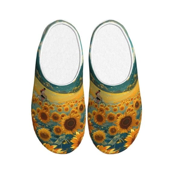 Fotbe Field Style Bicycle Young Sunflower Pattern Women's Fuzzy Curly Fur Memory Foam Loafer Slippers Indoor Outdoor Slippers Winter Home Shoes-46/47