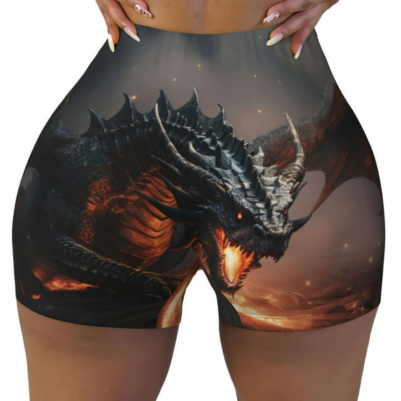 Fotbe Fiery Black Dragon Attack Seamless Shorts, Womens Workout Shorts High Waist Stretch Booty Short for Gym/Yoga/Running/Biking-Small