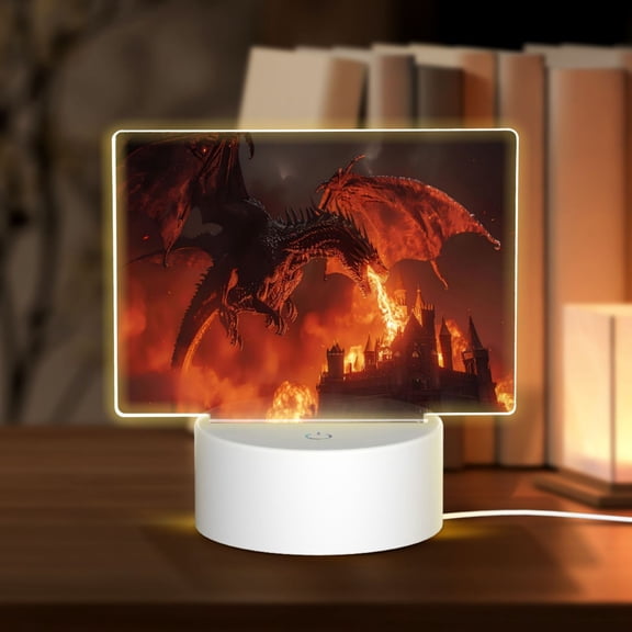 Fotbe Fiery Dragons Castle Attack Pattern Acrylic Night Light Gift with 3 Color ModesTouch-Sensitive LED Lamp Perfect Gift for Mother's Day, Birthday, or Christmas