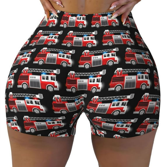 Fotbe Fire and Rescue Truck Seamless Shorts, Womens Workout Shorts High Waist Stretch Booty Short for Gym/Yoga/Running/Biking-Small