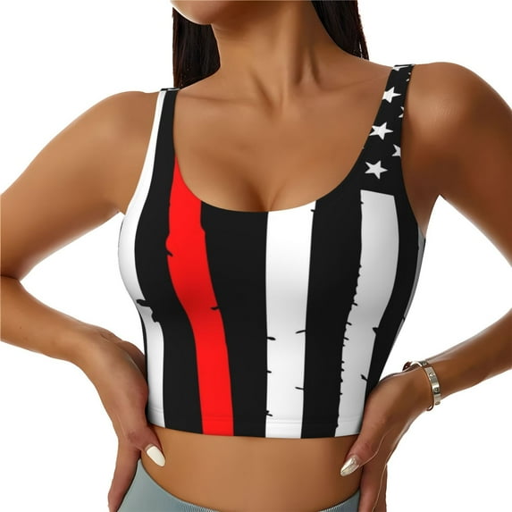 Fotbe Firefighters USA Flag Pattern Womens' Sports Bra Longline Wirefree Padded with Medium Support Sports Moisture-Wicking Workou Vest,Tank Top-