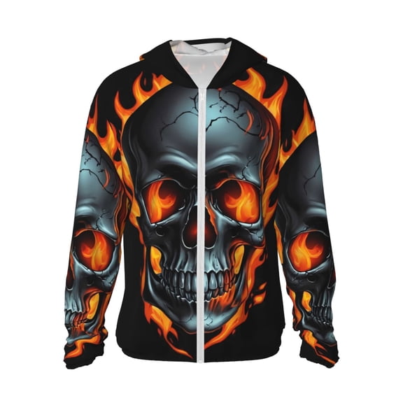Fotbe Flame Metal Skull Men's Women's UPF 50  Sun Protection Jacket Hooded Cooling Shirt with Pockets Hiking Outdoor Performance-X-Large