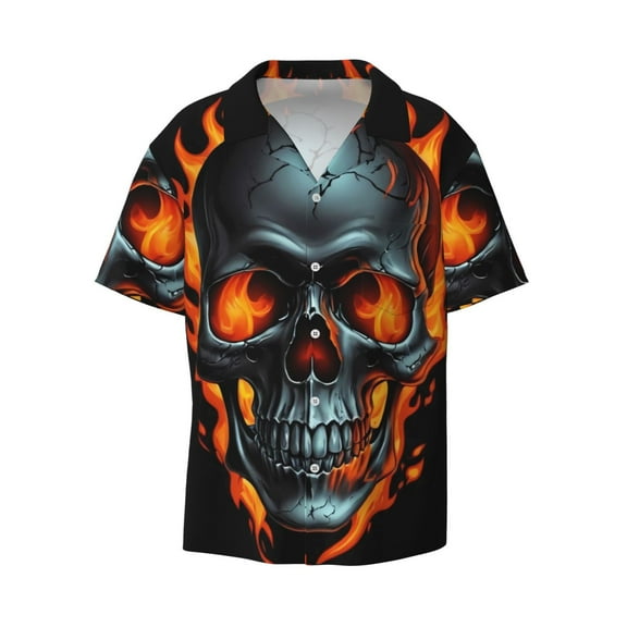 Fotbe Flame Metal Skull print Short Sleeve Button Down Shirts for Men Casual Summer Beach Wrinkle Free Shirt-Medium