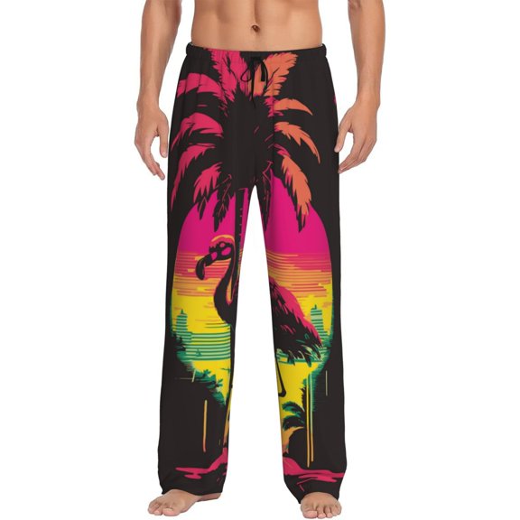 Fotbe Flamingo And Palm Trees At Sunset Men's Pajama Pants,Sleepwear Pants,Pj Bottoms Drawstring And Pockets-Small