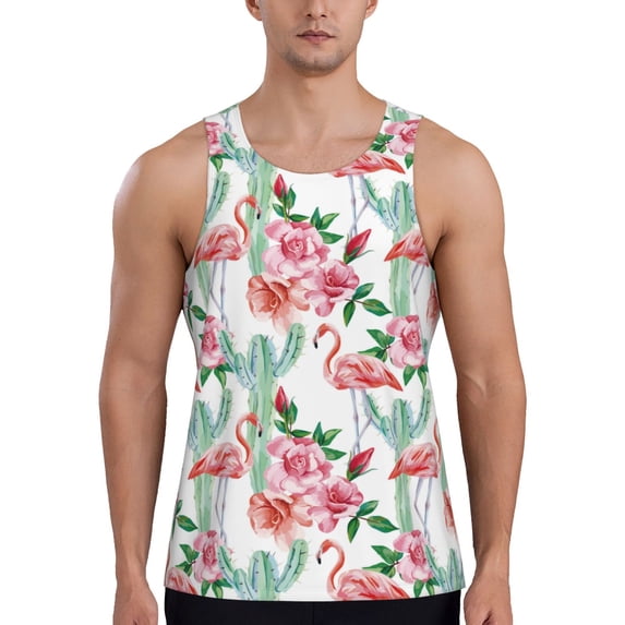 Fotbe Flamingo Flower Pattern Men's Quick Dry Workout Tank Top Gym Muscle Tee Fitness Bodybuilding Sleeveless T Shirt Breathable Workout Shirt-4X-Large