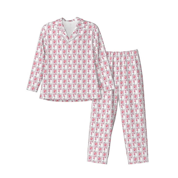 Fotbe Flamingo On Checkered Pattern Long Sleeve Pajama Set for Men,Sleepwear Set,2-piece Loungewear Set,Soft PJs Comfy Nightwear with Pockets-Medium