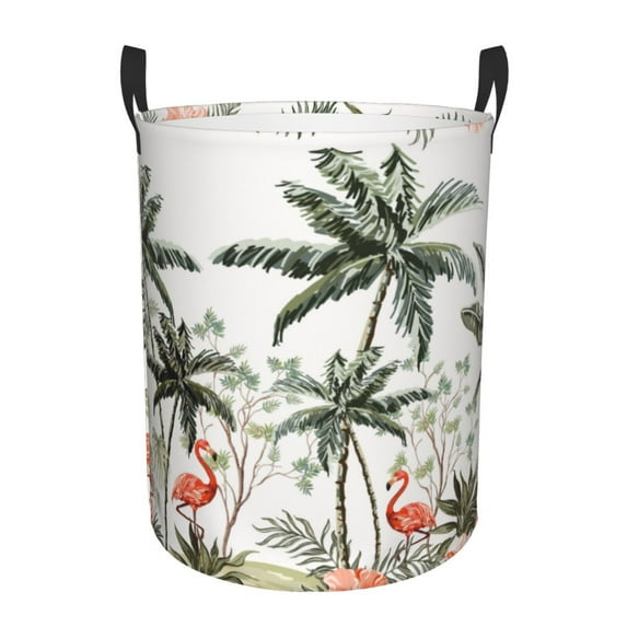 Fotbe Flamingo Palm Trees Laundry Basket with Handles, Waterproof Large Laundry Hamper, Wash Bag for Corner Dorm, Rolling Laundry Basket with Handles-Medium