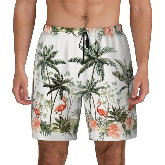 Fotbe Flamingo Palm Trees Men’s Swim Trunks Quick Dry Swim Shorts Board Shorts with Mesh Lining-Medium