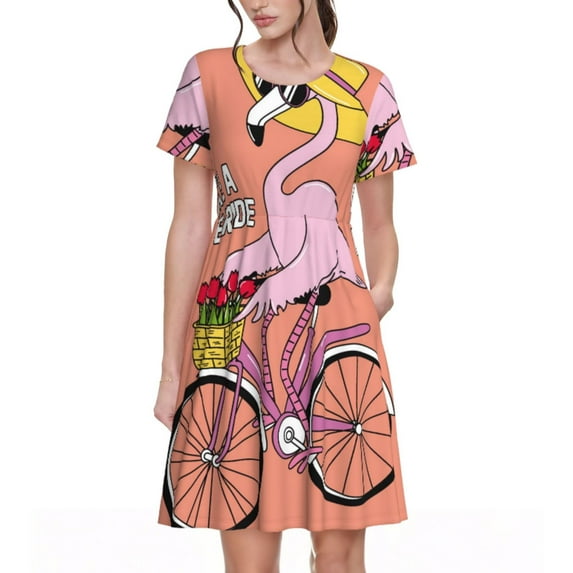 Fotbe Flamingo Riding a Bicycle Pattern Dress Casual Womens Fashion Short Sleeve Maxi Dress T Shirt Dress Striped Long Color Block Maxi Dress