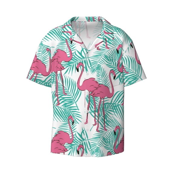 Fotbe Flamingo print Short Sleeve Button Down Shirts for Men Casual Summer Beach Wrinkle Free Shirt-X-Large