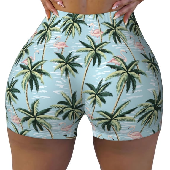 Fotbe Flamingos And Palms Seamless Shorts, Womens Workout Shorts High Waist Stretch Booty Short for Gym/Yoga/Running/Biking-Small