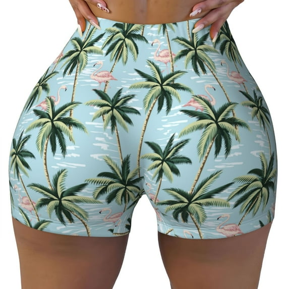 Fotbe Flamingos And Palms Seamless Shorts, Womens Workout Shorts High Waist Stretch Booty Short for Gym/Yoga/Running/Biking-