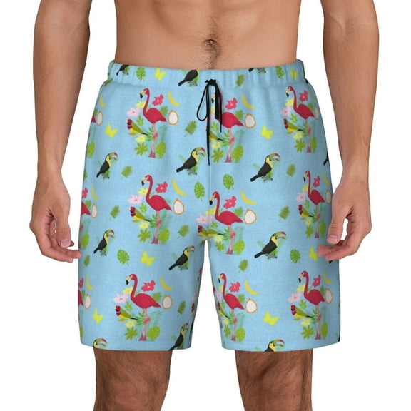 Fotbe Flamingos And Tropical Plants Men’s Swim Trunks Quick Dry Swim Shorts Board Shorts with Mesh Lining-Large