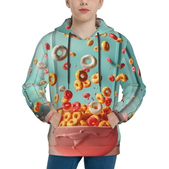 Fotbe Floating Colorful Cereal Pattern Youth Pullover Hooded Sweatshirt, Boys Hoodie, Kangaroo Pocket Hoodie for Kids Girls -X-Large