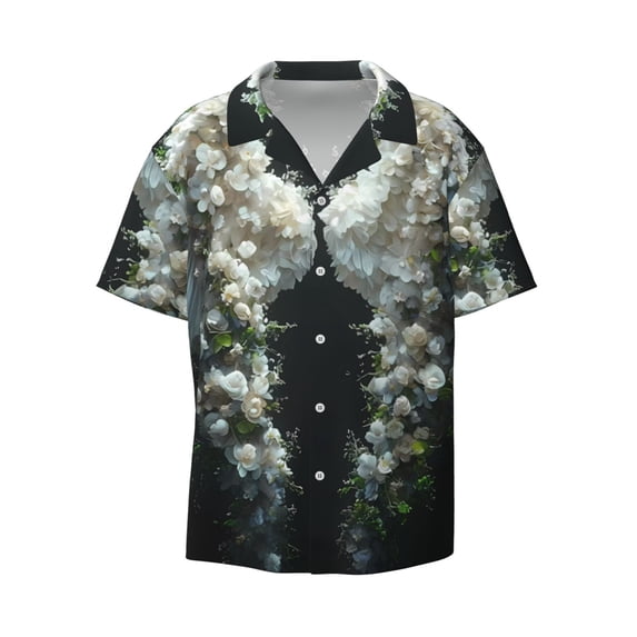 Fotbe Floral Angelic White Wings print Short Sleeve Button Down Shirts for Men Casual Summer Beach Wrinkle Free Shirt-Small