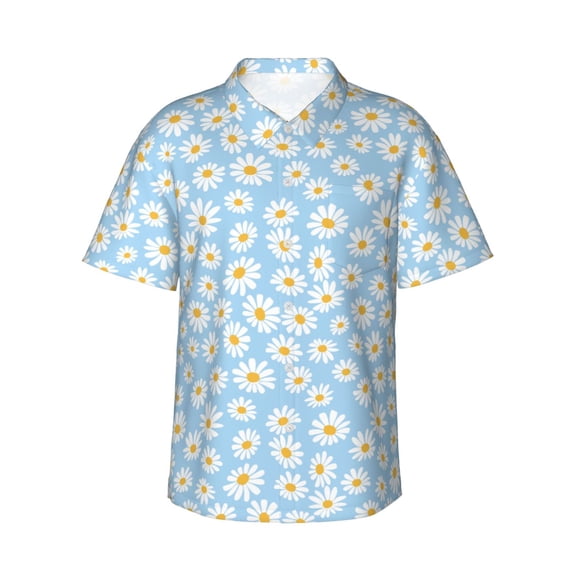 Fotbe Floral Daisy Hawaiian Shirt for Men Unisex Summer Beach Casual Short Sleeve Cotton Linen Button Down Shirts-Small